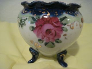 Vintage Porcelain Tripod Bowl Vase,  3 - Legs Unmarked Hand Painted Roses And Gilt
