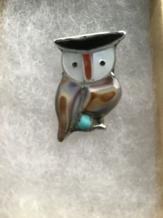 Vintage Jewelry Zuni Southwestern Multi Stone Owl Pendant Pin Signed