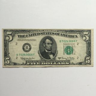 1950e Federal Reserve Note Five Dollar Bill $5 Vintage Collectible Money