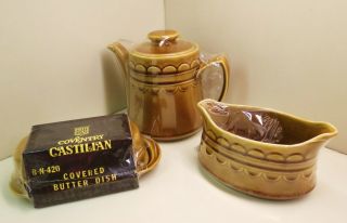 Vintage Mcm Homer Laughlin Coventry Castilian Coffee Pot,  Sauce Boat,  Butter Nip