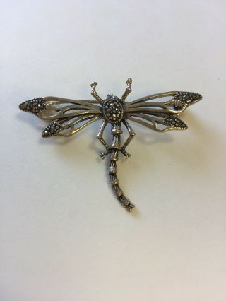 Vintage 925 Sterling Silver Marcasite Dragonfly Brooch Pin (5.  6g)