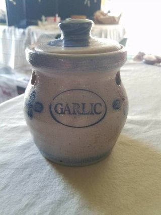 Vintage 1992 Rowe Pottery Garlic Crock With Lid Bj Salt Glaze,