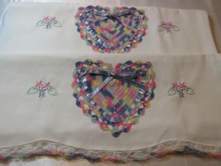 Vintage Embroidered / Chrochet Heart Flower / Floral Pillow Case Set