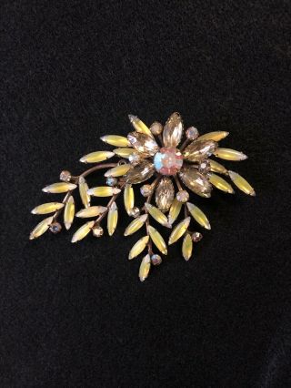 Vintage Pin Brooch Pin Frosted Yellow Navette Rhinestone Flower