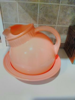 Vintage Pink Carnival Glass Pitcher And Bowl