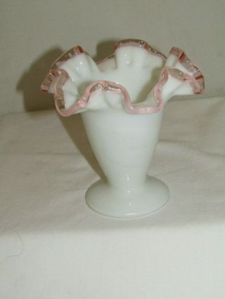 Vintage Fenton Milk Glass Rose Crest Ruffled Vase Pink And White