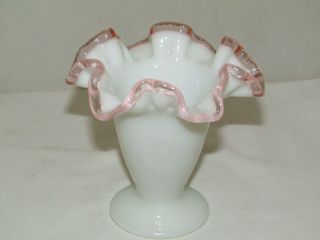 Vintage Fenton Milk Glass Rose Crest Ruffled Vase Pink and White 2