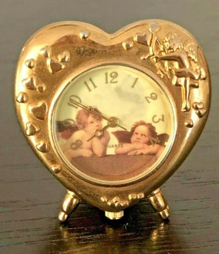 Vtg Miniature Collezio Brass Quartz Clock Heart Shaped With Cupids Angels