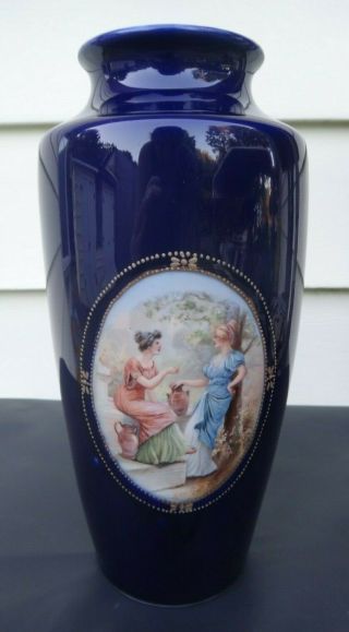 Vintage Germany Cobalt Blue Porcelain Vase Greek Ladies Gold Accent Over 9 " Tall