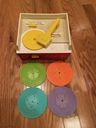Vintage 1971 Fisher Price Music Box Record Player W/all 4 Records - - Great