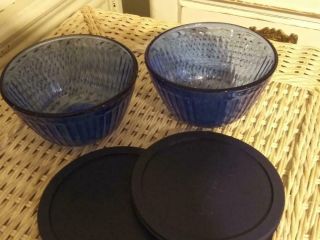 Vtg 2x Pyrex Cobalt Blue Ribbed Bowls W/lids 7401 - S 3 Cup 750 Ml Kitchen