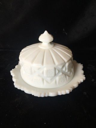 Vintage Westmoreland White Milk Glass Old Quilt Butter/cheese Round Covered Dish
