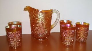 Carnival Glass Pitcher And 5 Glasses Vintage