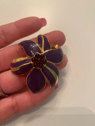 Vintage Purple Enamel Gold Tone Flower Signed Monet Brooch Pin