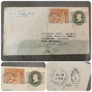 Us Philippines Embossed Stamp Cancel Envelope Manila To Hawaii Military 1934 Vtg