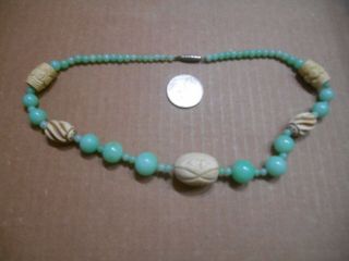 Vintage Jade Bead Necklace With Carved Accents