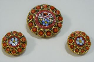 Vintage Micro Mosaic Italian Set Of Brooch/ Pin And Clip Earrings