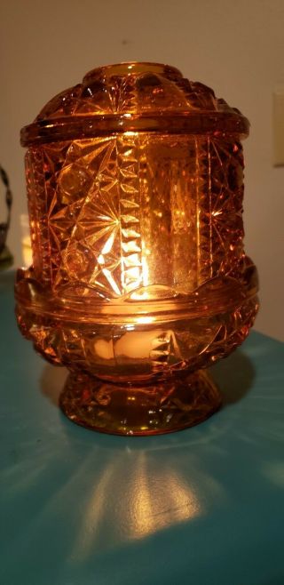 Vintage Indiana Glass Company Amber Glass Bars And Stars Fairy Light Lamp Votive