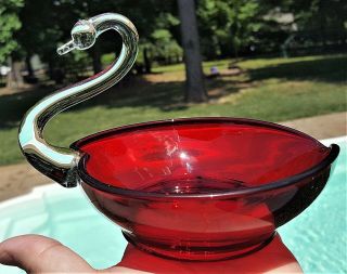 6.  5 " Ruby Red Glass Duncan Miller Swan Dish / Bowl Candy Bon Bon Vintage Vtg