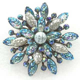 Signed Cathe Vintage Flower Brooch Pin Iridescent Blue Glass Marquise Ab F Pearl
