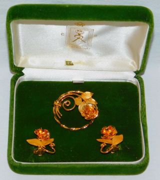 Gold Rose Brooch Pin & Earring Set W/ Box Vintage Cr Co.  12k Filled 1/20 10g Mnt