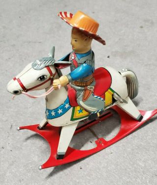 Vintage Tin Litho Wind Up Cowboy Rocking Horse Toy Made In Japan Maple Leaf