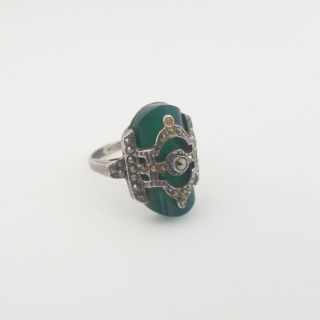 Vintage Art Deco Sterling Silver Marcasite And Green Glass Ring Size 5.  75