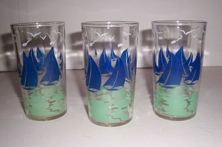 Vintage Swanky Swig Glasses Tumblers Set Of 3 Sail Boats Water And Gulls