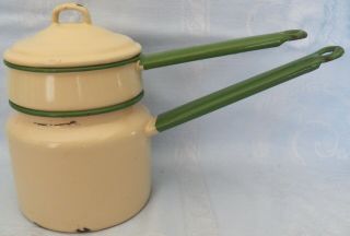 Vintage Tan/cream With Green Handles & Trim 3 - Piece Enamelware Double Boiler