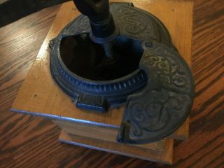 Vintage Wooden Coffee Bean Grinder Dovetailed Drawer Cast Iron Crank Top 4