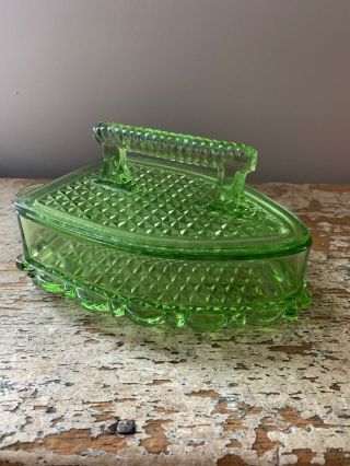Vintage Green Pressed Glass Iron Candy Dish With Lid