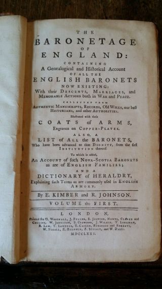 1771 The Baronetage Of England - Kimber & Johnson - Vol 1 Heraldry Leather Bound