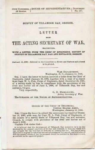 Survey Of Tillamook Bay Oregon Letter From The Acting Secretary Of War 1st Ed