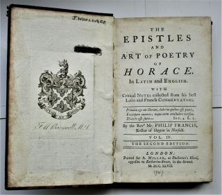 THE EPISTLES & ART OF POETRY OF HORACE,  1747 in LATIN & ENGLISH,  VOL.  IV G/VG 2