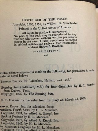 H L Mencken Disturber of the Peace By William Manchester 1st Ed.  1951 SIGNED 5