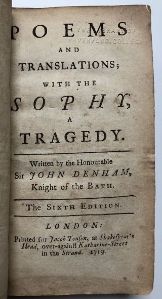 Sir John Denham / Poems And Translations With The Sophy A Tragedy 1719
