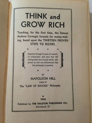 THINK AND GROW RICH by Napoleon Hill - 1952 Edition - HC,  no DJ 3