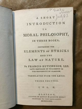 1764 A Short Introduction To Moral Philosophy,  Hutcheson - Vol Ii Only - 3rd Ed