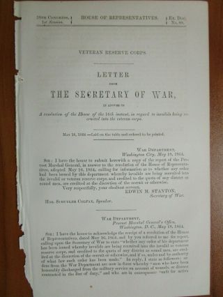 Government Report 5/18/1864 Us Veteran Reserve Corps.  Washington Dc Military