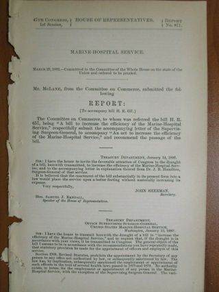 Government Report 3/29/1882 Us Marine Hospital Service Surgeon General Military