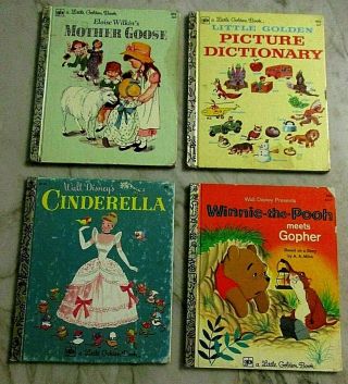 4 Little Golden Books - Cinderella,  Winnie The Pooh,  Mother Goose,  Dictionary