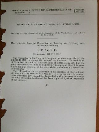 Government Report 1/30/1885 Merchants National Bank Little Rock Name Change
