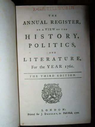 1761 The Annual Register - India Bombay Seven Years War Cherokees Pondicherry