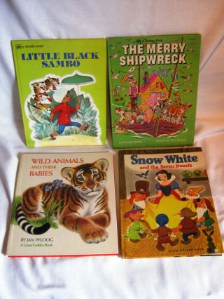 4 Vintage Big Golden Books Black Sambo,  Snow White,  Merry Shipwreck,  Wild Animal