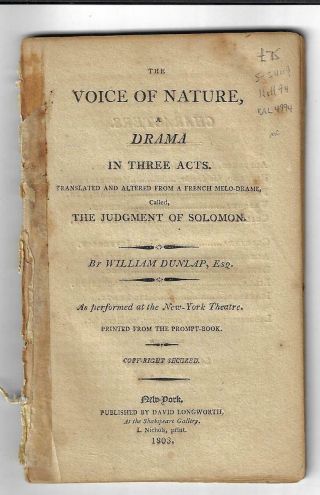 1803 The Voice Of Nature A Drama By William Dunlap