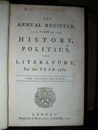 1767 The Annual Register 4th Ed East India Company York Assembly Usa America