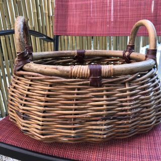 Vtg Wicker Willow Basket Large 15 - 1/2 X 12 X 6 - 1/4” Bent Wood Handles Leather