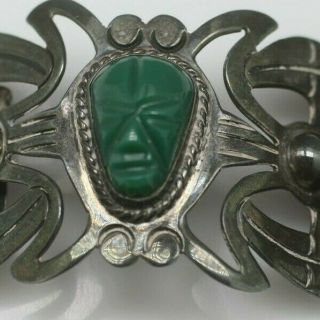Vintage Taxco 925 Sterling Silver Carved Green Stone Masks Faces Wide Bracelet