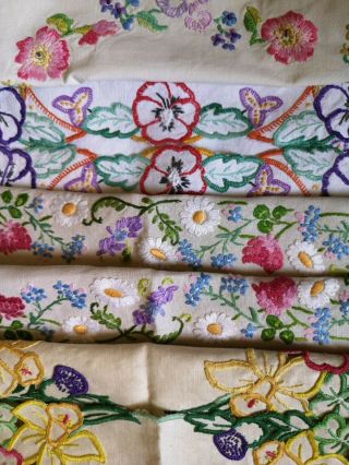 4 Vintage Hand Embroidered Tray Cloths Fairistych Pansies Flowers Cut Work 1930s