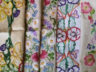 4 VINTAGE HAND EMBROIDERED tray cloths Fairistych pansies flowers cut work 1930s 2